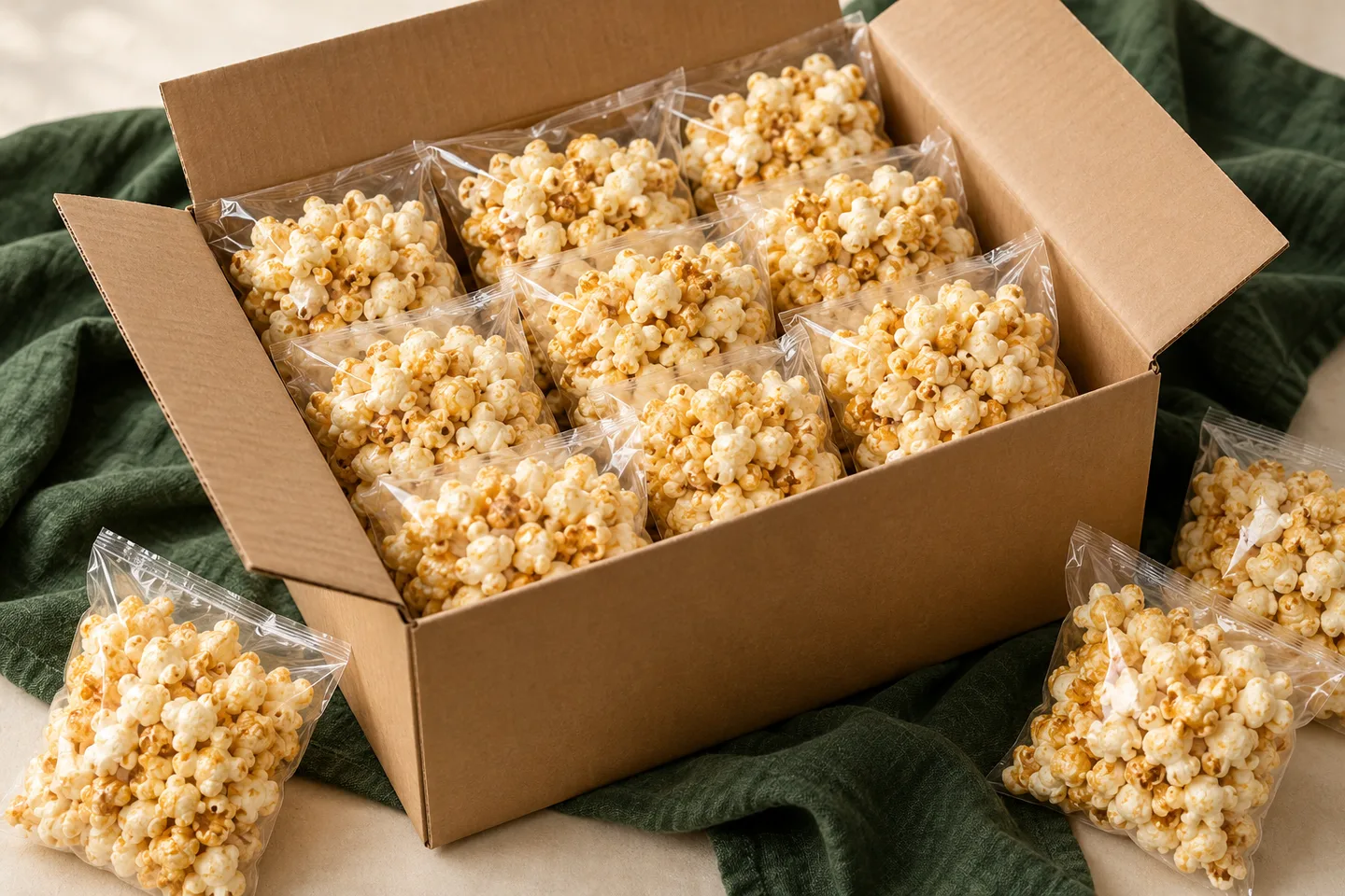 Illustrative arrangement of clear individual kettle corn bags in an open cardboard carton