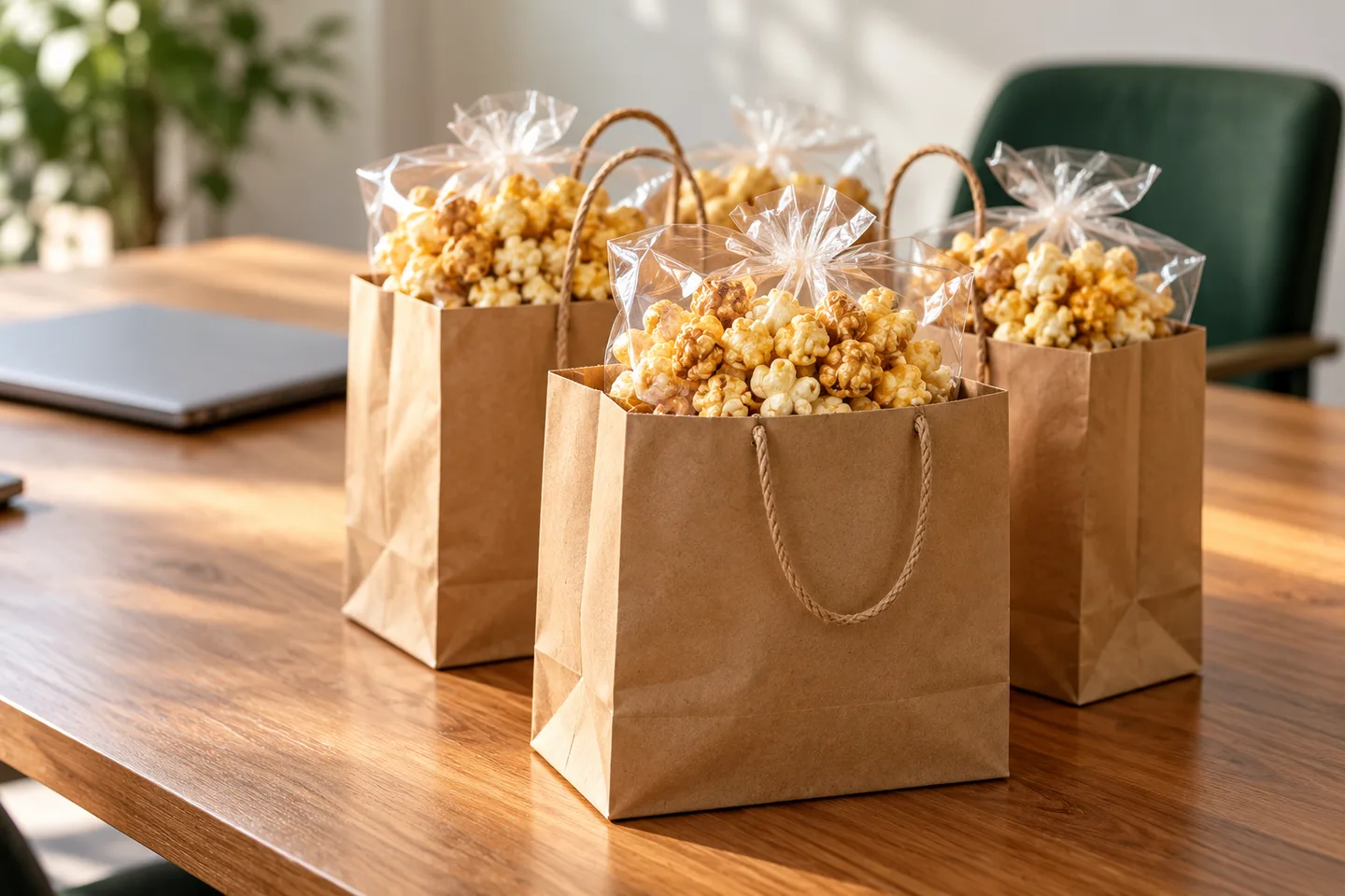 Illustrative corporate gift concept with kraft bags of kettle corn on an office table
