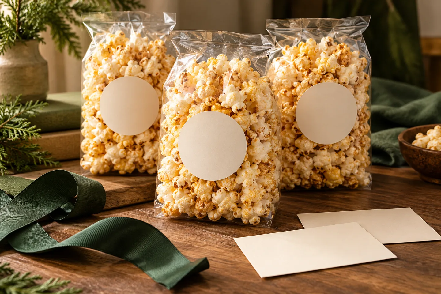 Illustrative packaging concept with three popcorn bags, blank cream labels, green ribbon, and design cards