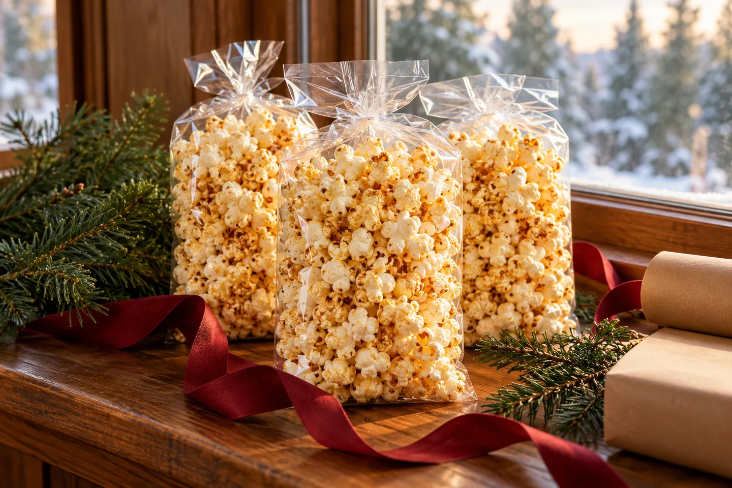 Illustrative holiday gift concept with three popcorn bags, evergreen sprigs, red ribbon, and kraft wrap on a windowsill