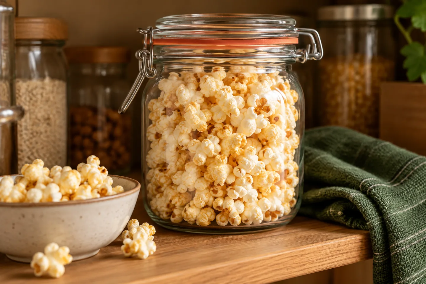 Illustrative image of kettle corn in a closed glass storage jar on a pantry shelf