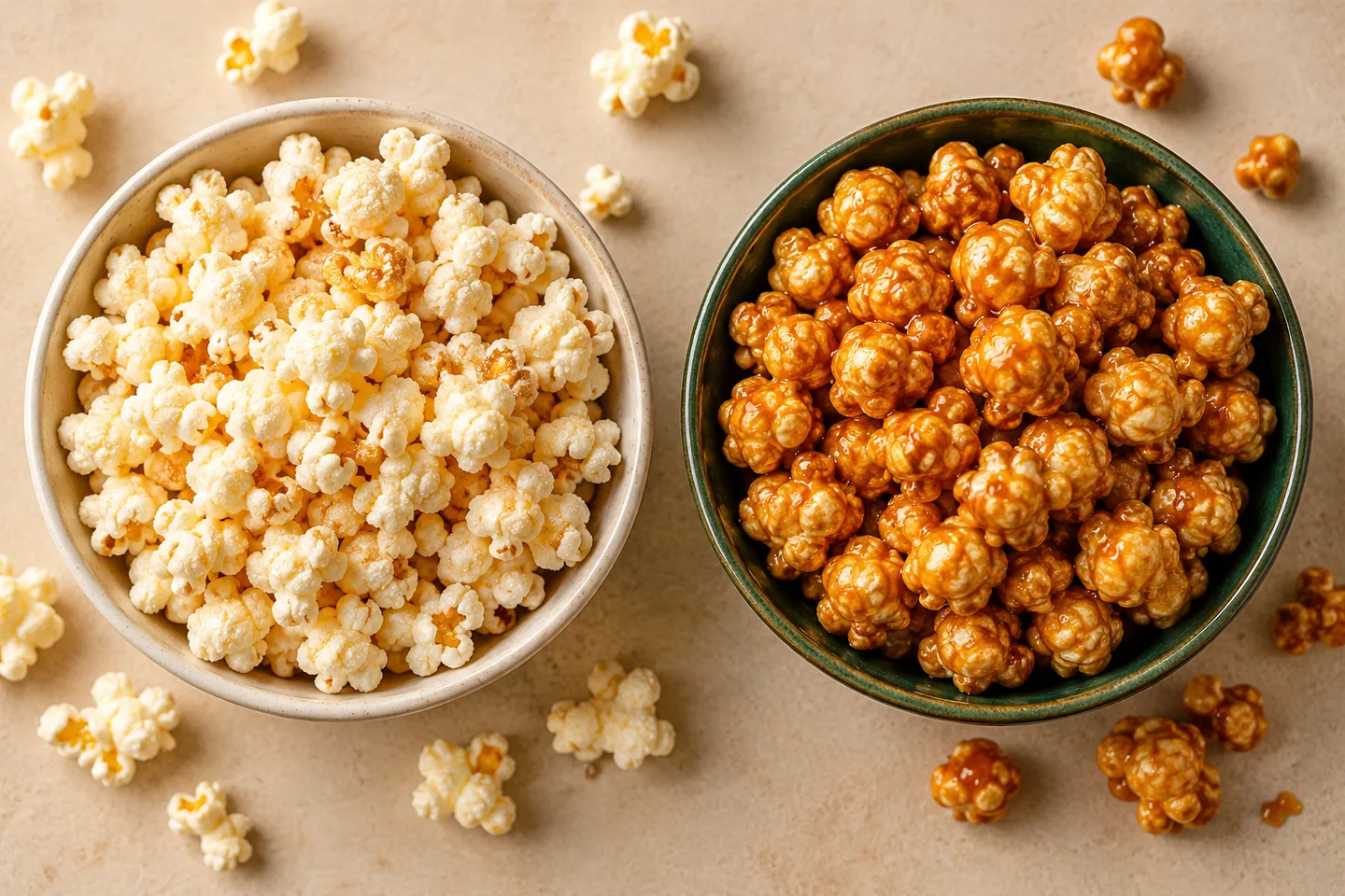 Illustrative comparison of pale kettle corn and amber caramel corn in separate bowls