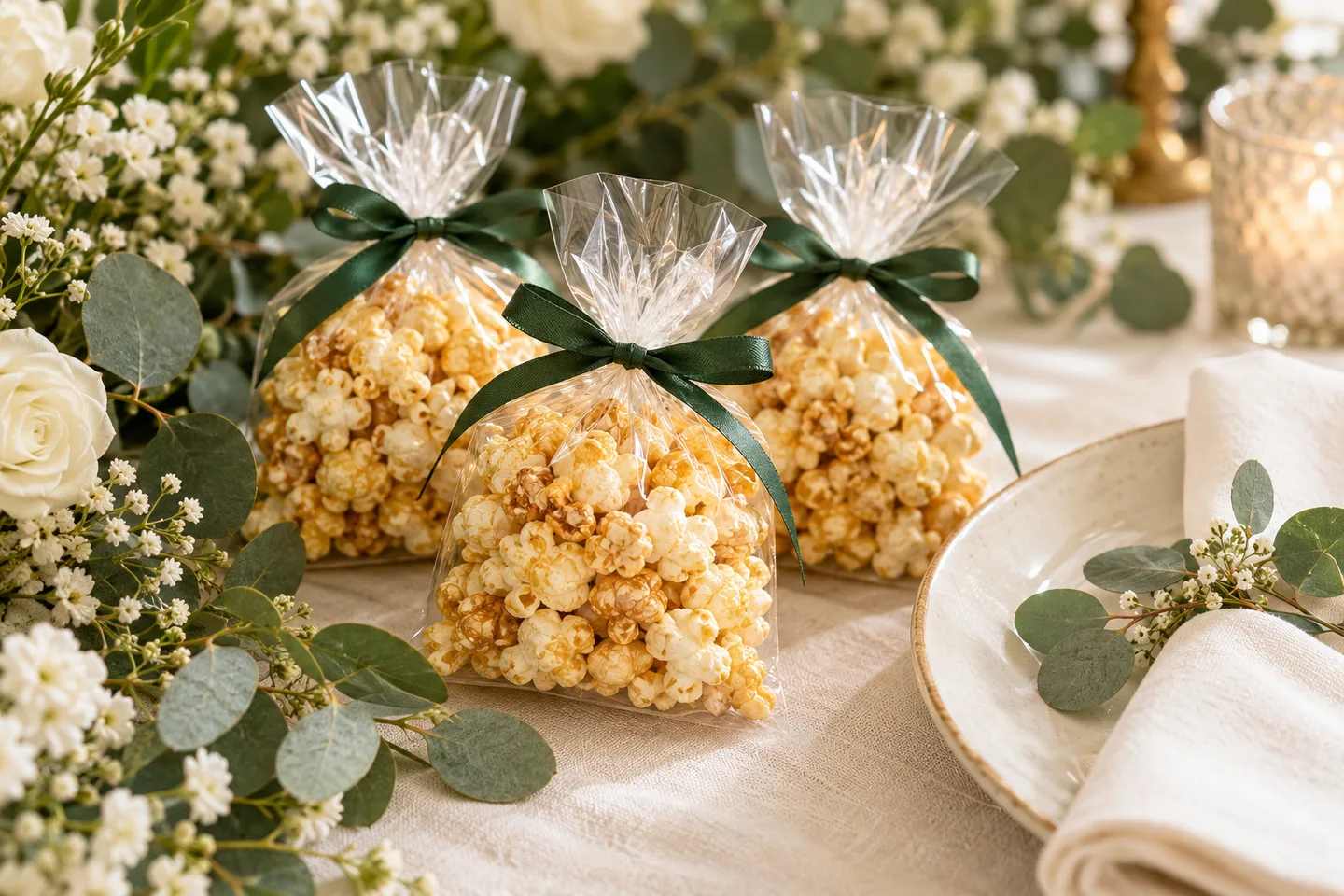 Wedding favor concept with kettle corn bags tied with green ribbons beside white flowers