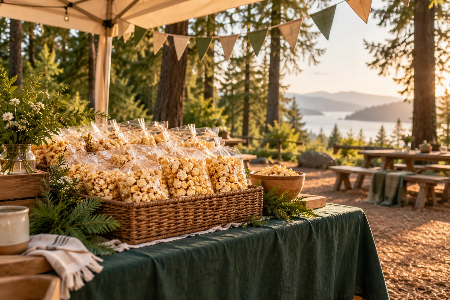 Outdoor event concept with bagged kettle corn beneath a canopy among Northwest evergreens