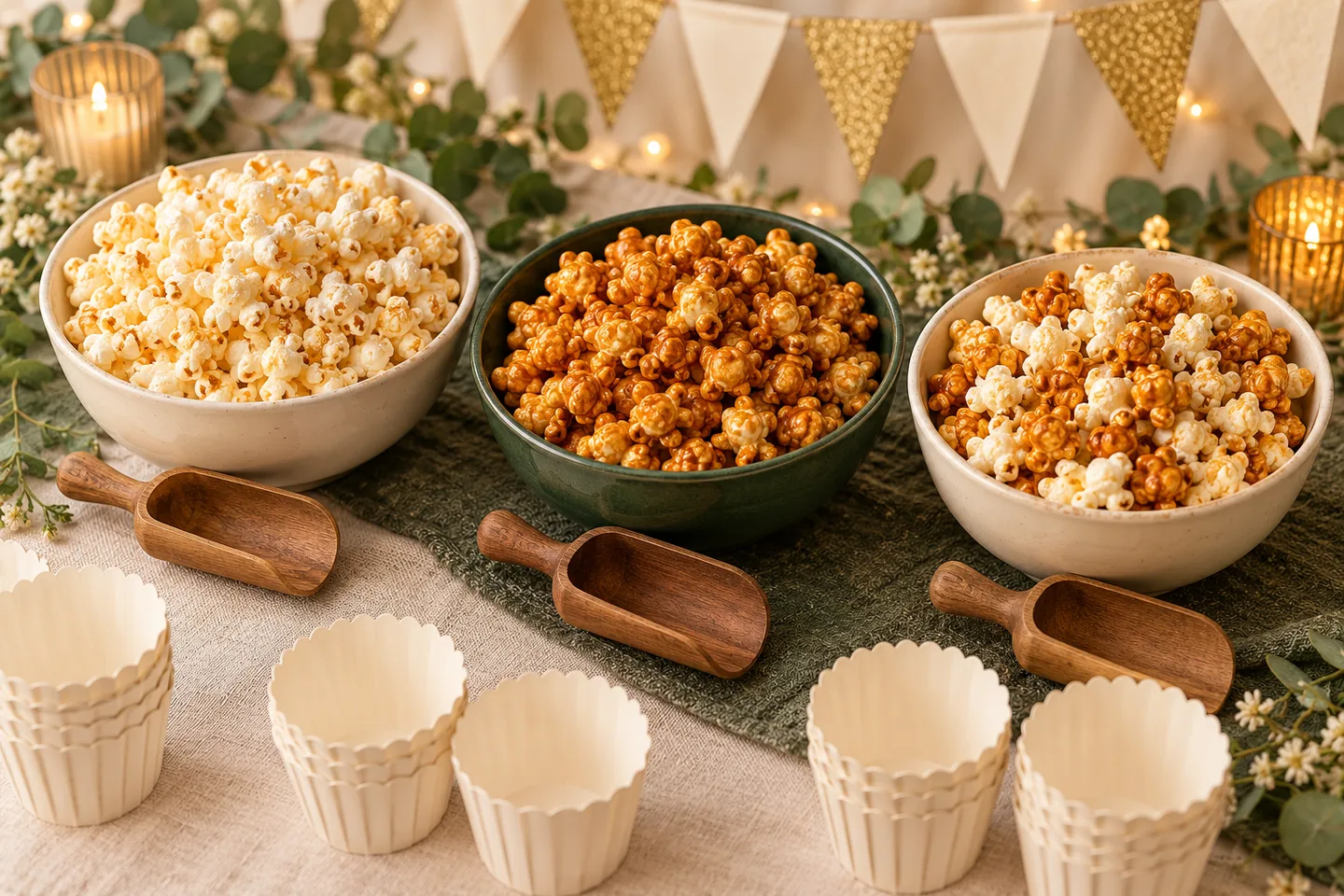 Illustrative party popcorn bar with separate bowls of kettle corn, caramel corn, and mix, plus scoops and cups