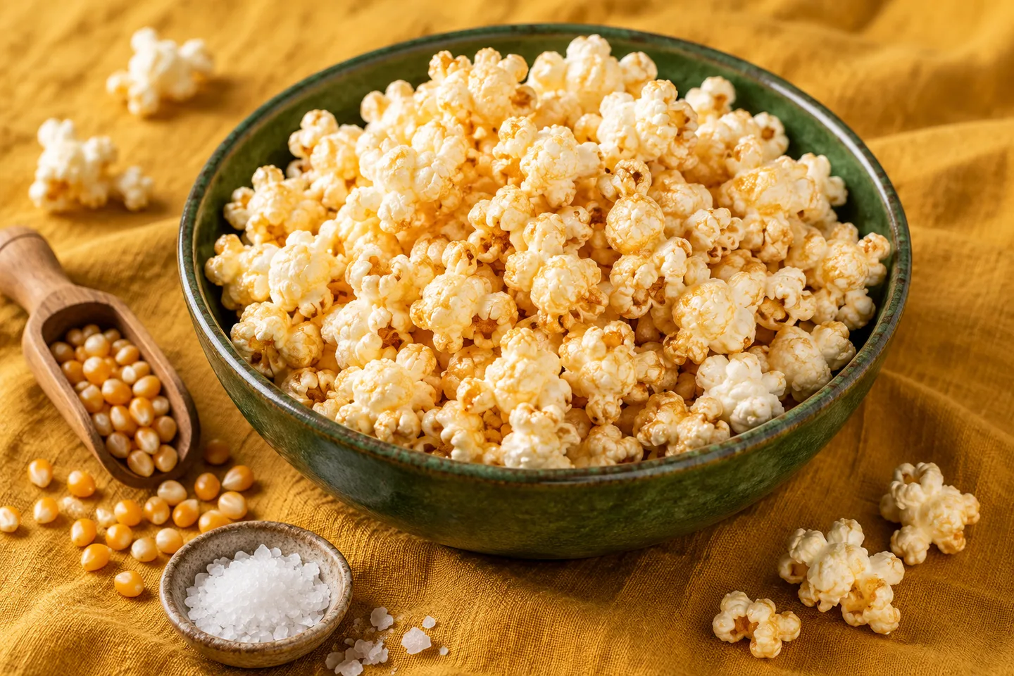 Illustrative image of golden kettle corn in a green bowl beside popcorn kernels and salt