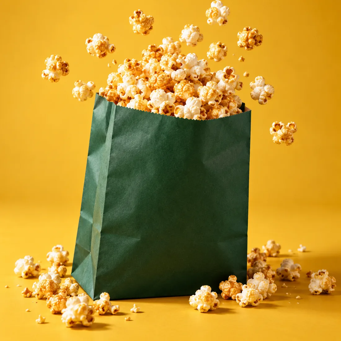 Golden kettle corn bursting from a forest green bag—illustrative packaging concept