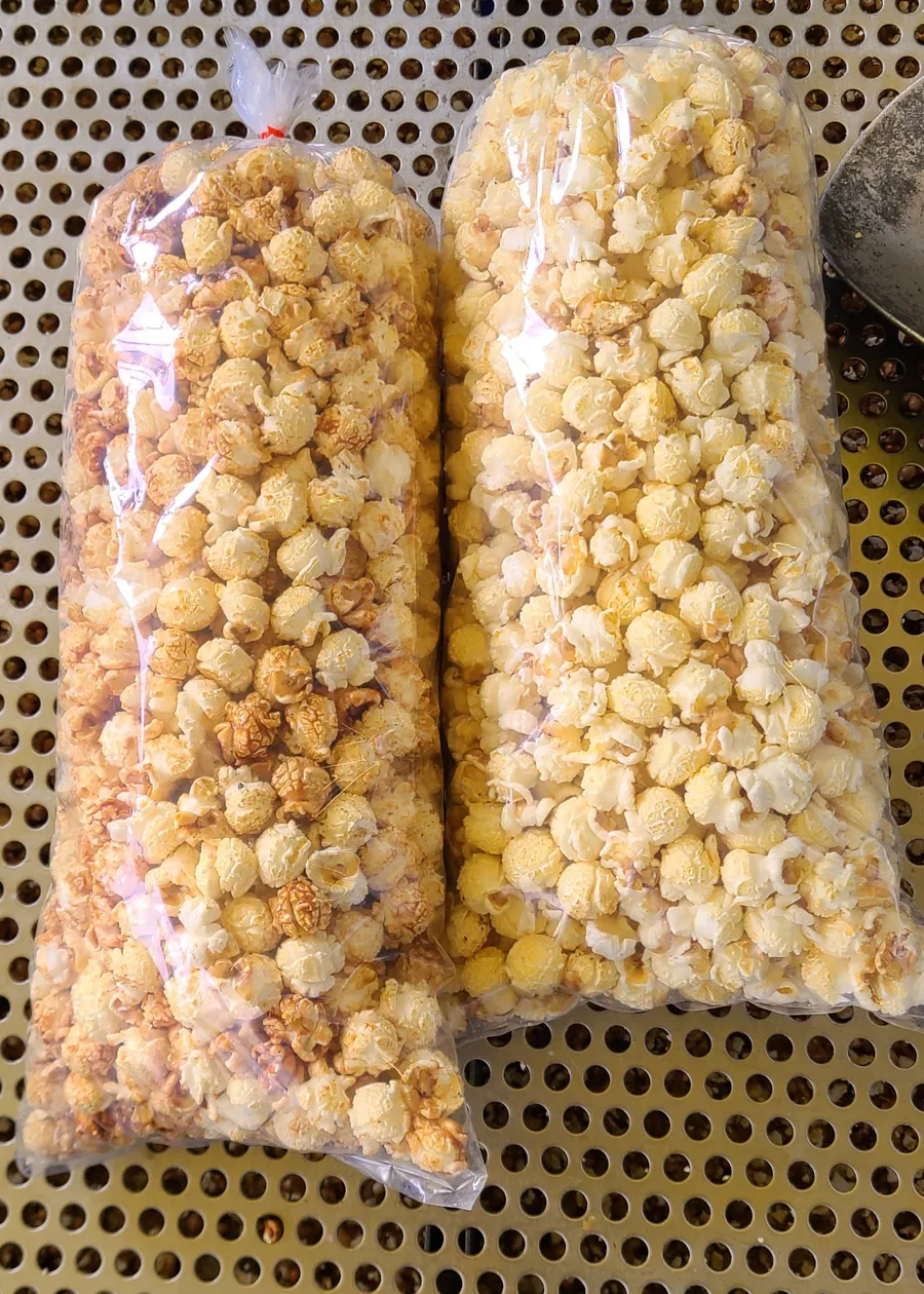 Actual bags of kettle corn and kettle-caramel mix popcorn